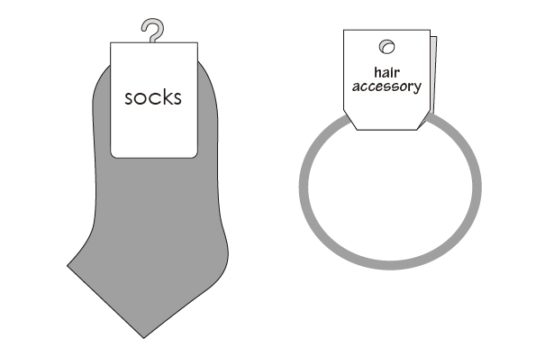 靴下、日用品雑貨など、製品をはさむように取り付けられている「口紙」や「ヘッダー台紙」の画像
